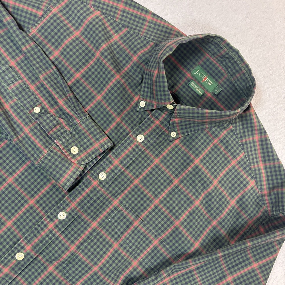 Vintage J.Crew Flannel Shirt Mens L Green Plaid Button Up Long Sleeve Hong Kong